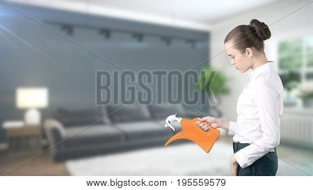 Young Beautiful Business Woman And Creative Designer Standing Over Blured Interior Background