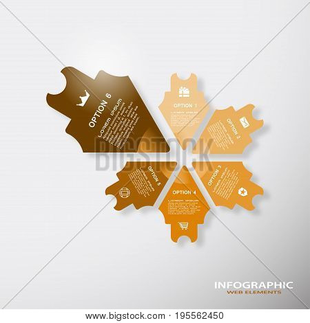 Vector infographic brown web element of arrows with text and icons on the gradient gray background.