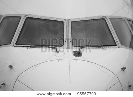Extreme closeup of Passenger jet airliner viewed fron airport terminal