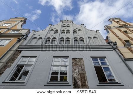 Upward view of the facade of an historical building in Stralsund Germany