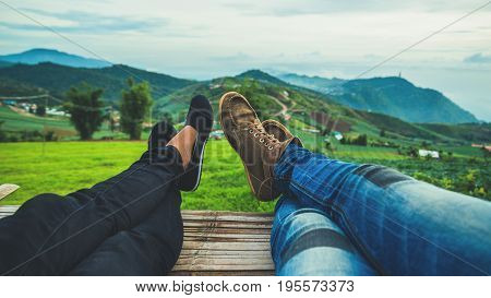 Lover Men and women Asia travel sleep relax. Morning atmosphere nature Forests mountains. Phu Thap Buek Thailand