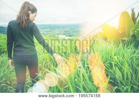 Asian women travel sleep relax. Morning atmosphere nature Forests mountains. khaoko Thailand