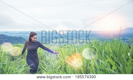 Asian women travel sleep relax. Morning atmosphere nature Forests mountains. khaoko Thailand