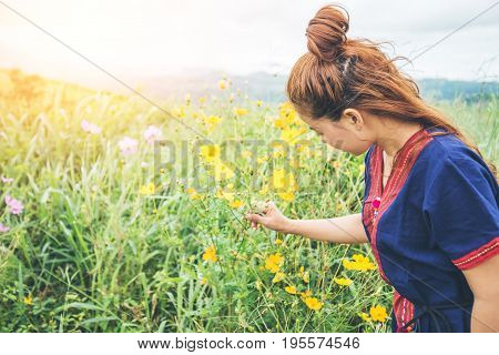 Asian women travel sleep relax. Morning atmosphere nature ForestsHill tribe. khaoko Thailand