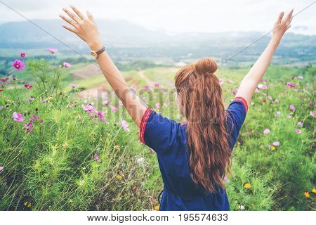 Asian women travel sleep relax. Morning atmosphere nature ForestsHill tribe. khaoko Thailand
