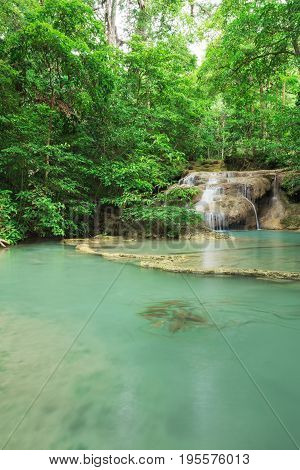 Level 1 Of Erawan Waterfall With Neolissochilus Stracheyi Fish In Kanchanaburi, Thailand