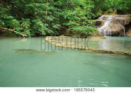 Level 1 Of Erawan Waterfall With Neolissochilus Stracheyi Fish In Kanchanaburi, Thailand