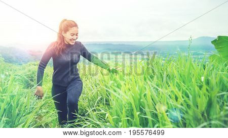 Asian women travel sleep relax. Morning atmosphere nature Forests mountains. khaoko Thailand