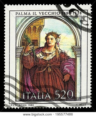 ITALIA - CIRCA 1980: A stamp printed in Italia shows polyptych of St Barbara by Negretti Jacopo known as Palma the Elder in church Santa Maria Formosa, Venice, circa 1980