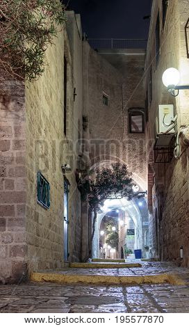 Tel Aviv -Yafo Israel July 08 2016 : Queet street - Mazal Dagim at night in old city Yafo Israel.
