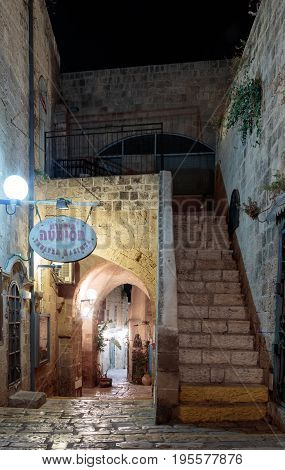 Tel Aviv -Yafo Israel July 08 2016 : Queet street - Mazal Dagim at night in old city Yafo Israel.
