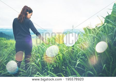 Asian women travel sleep relax. Morning atmosphere nature Forests mountains. khaoko Thailand