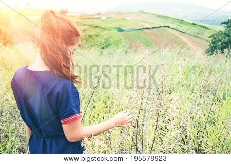 Asian women travel sleep relax. Morning atmosphere nature ForestsHill tribe. khaoko Thailand