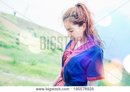 Asian women travel sleep relax. Morning atmosphere nature Forests mountains. khaoko Thailand