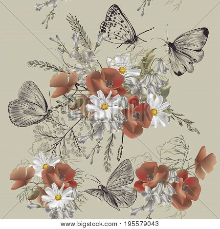 Flower vector pattern with plants. Vintage provance style