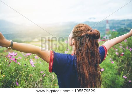 Asian women travel sleep relax. Morning atmosphere nature ForestsHill tribe. khaoko Thailand