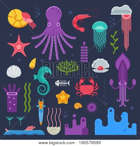 Marine invertebrates, mollusks and jellyfishes set. Ocean exotic underwater animals and deep sea creatures collection in flat design.