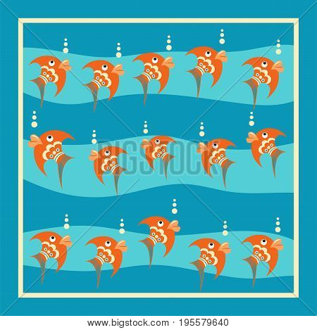 Bright orange fish with bubbles on a blue background. Pattern with white frame
