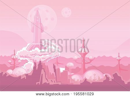 City of the future on another planet and rocket blasting off. Space colony, human settlement on Mars. Vector illustration with copy space.