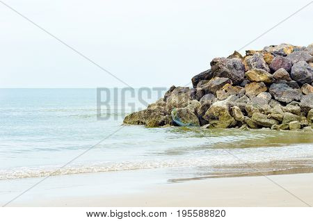 Landscape View Of Rock On Sea Coast And Beach With Blue Sky,summer Concept