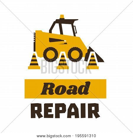 Logo mini loader, road repair. Asphalt processing works. Construction machinery. Traffic cone. Vector illustration. Flat style