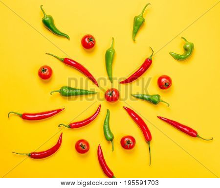 Above View At Chili Pepper And Tomatoes