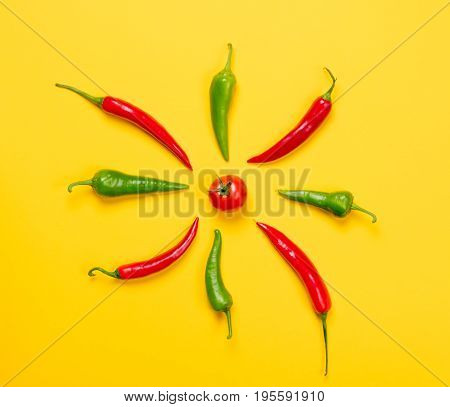 Above View At Chili Pepper And Tomatoes