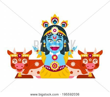 Lord Krishna sitting in cows environment. Decorations, holiday, lotus posture, meditation, animal, peacock tail. Vector illustration. Flat style.