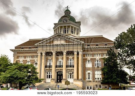 Pulaski Tennessee USA - June 23 2017: Front entrance of the Giles County courthouse built in 1909 in Pulaski Tennessee.