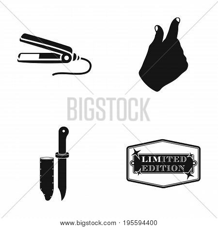 Curl for hair, hand gesture and other  icon in black style. knife with cover, limited edition icons in set collection.