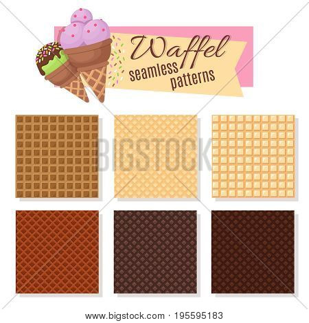 Ice cream waffel cone seamless vector patterns. Set of waffle pattern for ice cream illustration