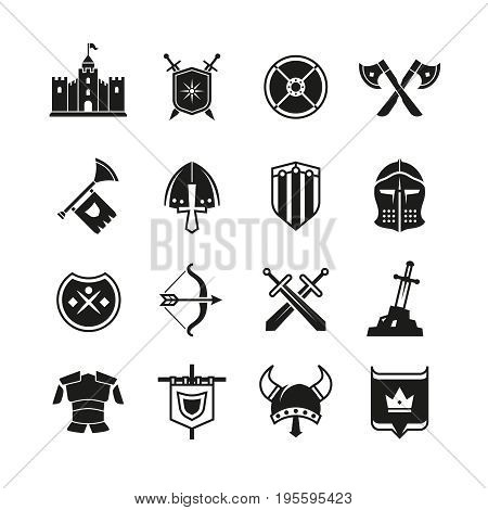Medieval warriors shield and sword vector icons. Ancient knight symbols. Sword weapon and collection of history accessory illustration