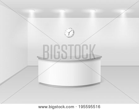 Office or hotel interior with reception counter desk 3d vector illustration. Hall business interior with counter empty