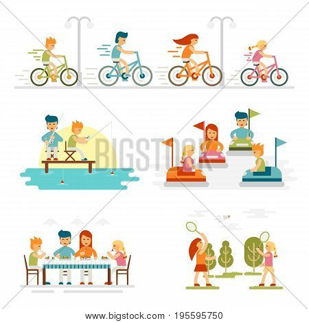 Family cartoon set with celebrations holidays and activities. Happy lifestyle outdoors together isolated vector illustration. Family riding bicycles. Daughter and mother. Father and son - stock vector