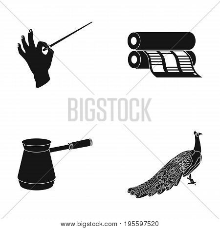 Conductor's baton, printing house and other  icon in black style.coffee maker, peacock icons in set collection.
