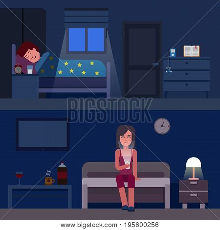 Sleep time infographics vector flat illustration. Infographic How to get better sleep. Insomnia and good sleep flat banners