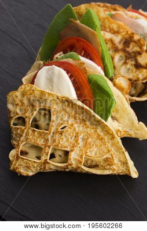 Pancakes Sutffed With Ham, Cheese, Tomatoes And Spinach