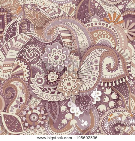 Floral seamless pattern, texture effect. Indian colorful ornament. Vector decorative flowers and Paisley. Ethnic style. Design for fabrics, web, decoupage