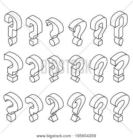 A set of isometric icons in linear style.Planimetric question marks.3D.Monochrome vector illustration.