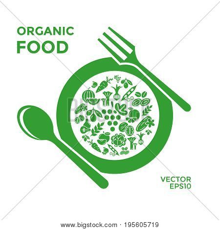 Digital vector green vegetable icons set infographics drawn simple line art, onion squash pear orange apple grape carrot wallnut peas watermelon cabage, flat, spoon fork plate, organic vegetarian food