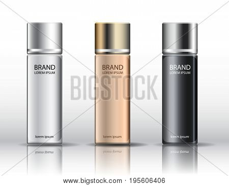 Realistic cosmetic bottle set. White, Black, Gold, Silver