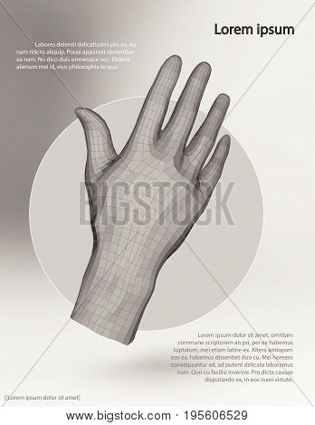 Polygonal wire frame hand. Vector illustration template on grey background with shadows and text