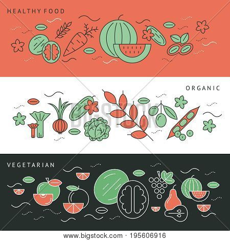 Digital green black red vegetable icons set infographics drawn simple line art pattern, onion squash pear orange apple grape carrot wallnut peas watermelon cabage, flat, organic vegetarian food