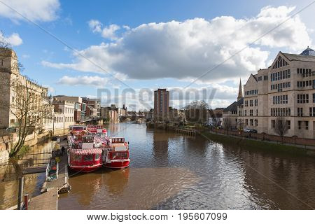 York England view from Lendal bridge of River Ouse and pleasure boats in the historic Yorkshire city