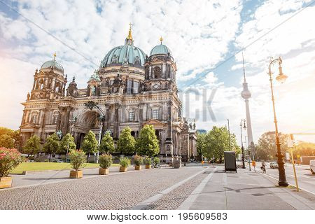 View on the famous Dom cathedral with Lust garden and television tower during the morning light in Berlin city