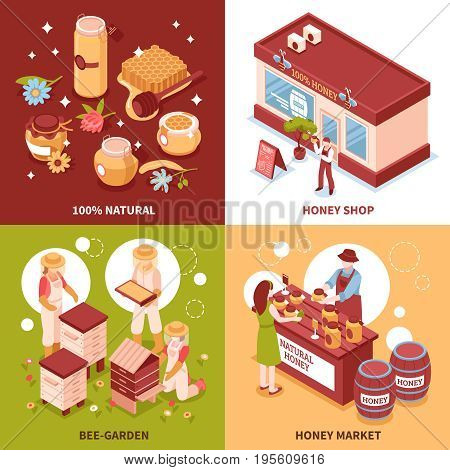 Bee keeping honey production and sale 4 isometric icons concept with beehives and market isolated vector illustration