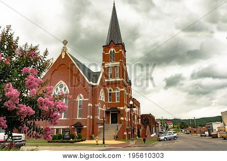 Pulaski Tennessee USA - June 23 2017: First Methodist Church in Pulaski Tennessee.