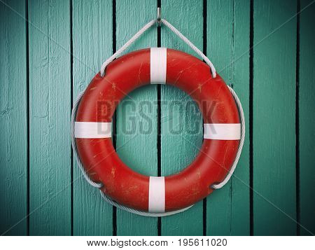 Life belt or rescue ring  on wooden wall. Salvation, protection and security concept. 3d illustration