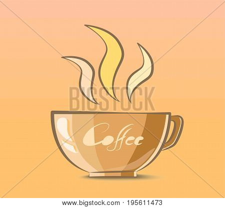 a cup of coffee with steam on light orange background