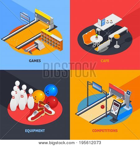 Bowling colorful isometric compositions including game equipment with return system, cafe, sports gear, competitions isolated vector illustration